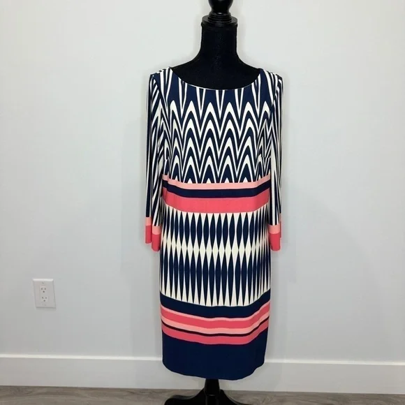 Eliza J Blue & Pink Shift A-Line Midi Dress (Size 12) - Picture 2 of 8